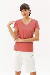 Red Women's V Neck Short Sleeve 100% Cotton Basic Solid Color Short Sleeve Casual Sports T-shirt 808