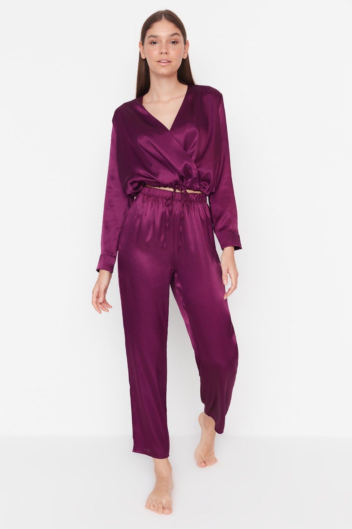 Purple Double Breasted Collar Waist Detailed Satin Woven Sleepwear Set Thmaw23pt00034