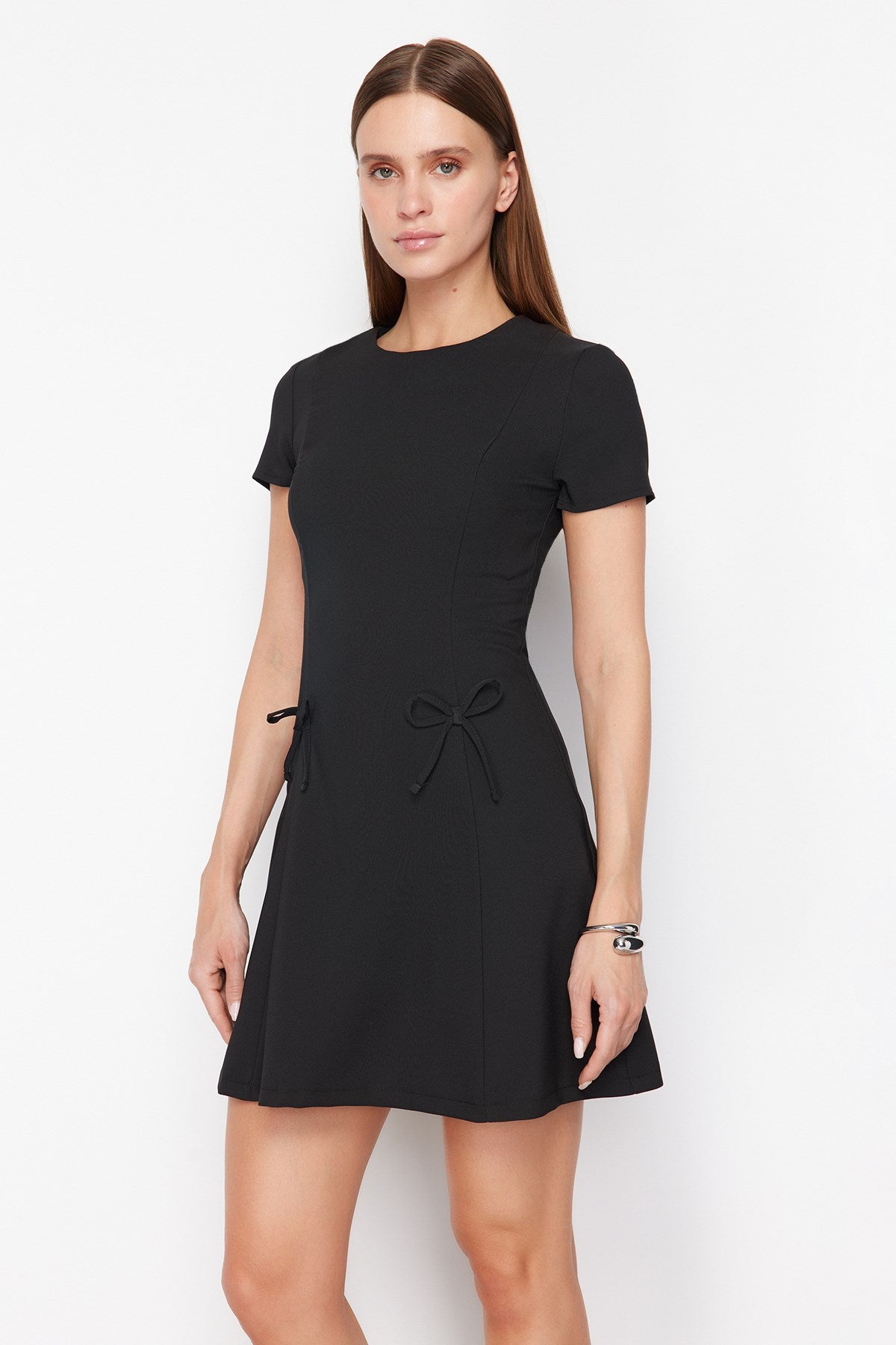 Black Skirt Flared Bow Detail Mini Woven Dress Twoss24el00803