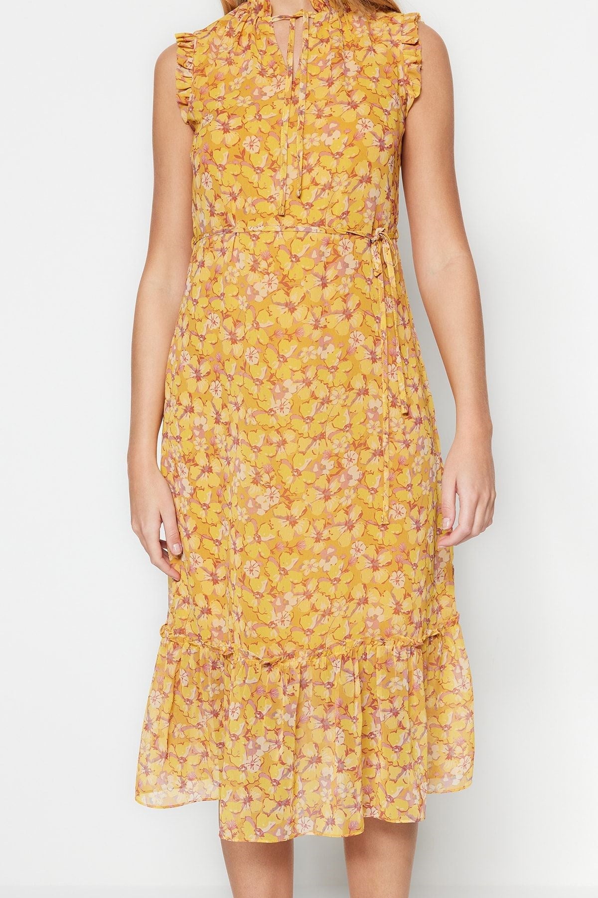 Yellow Floral Print A Cut Midi Lined Chiffon Woven Dress Twoss23el01840