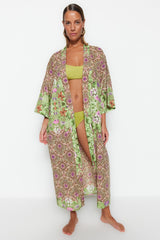 Floral Pattern Belted Maxi Woven 100% Cotton Kimono&kaftan Tbess23km00009