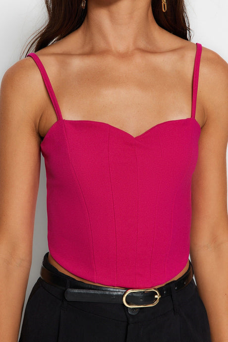 Fuchsia Fitted/body-fitting Crop Suspenders Crepe Knitted Bustier Twoss23bs00036