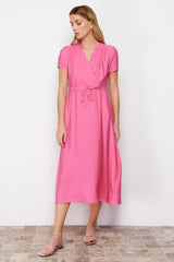 Fuchsia V-neck Midi Woven Dress Twoss24el00501