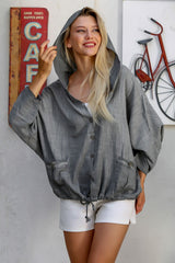 Grey Hooded Long Sleeve Solid Color Buttoned Double Pockets Wash Woven Hooded Jacket M10210100ce9837