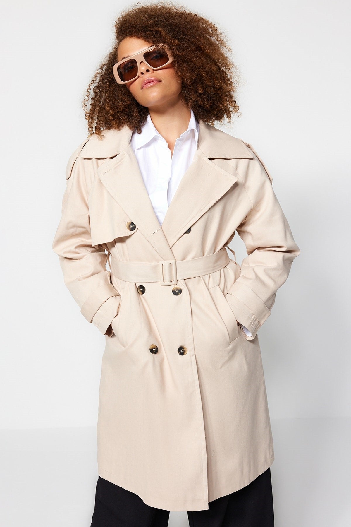 Beige Waist Belted Gabardine Trench Coat Tbbaw24bm00002