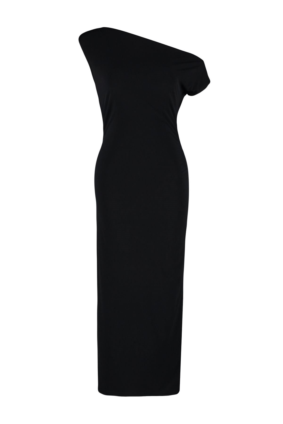 Black Fitted Bodysuit Boat Neckline Zero Sleeve Flexible Knitted Knitted Midi Pencil Dress Twoss24el