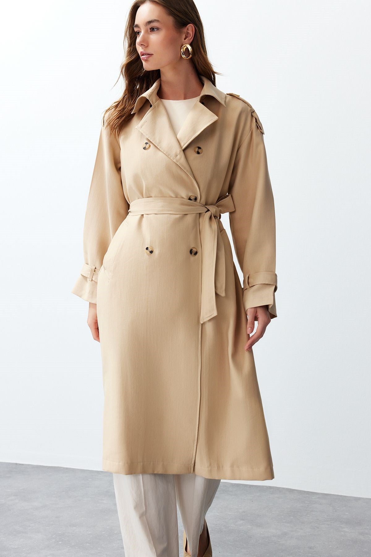 Beige Oversize Wide Cut Soft Textured Belted Long Trench Coat Twoss24tr00026