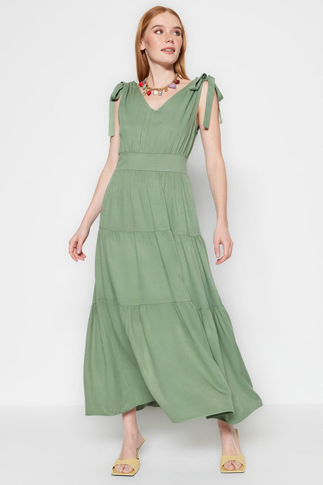 Khaki A-cut Ruffled V-neck Maxi Woven Dress Twoss23el01161