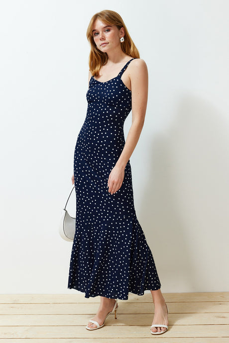 Navy Blue Patterned Strappy Body-fitting Ribbed Flexible Knitted Maxi Pencil Dress Twoss24el00682