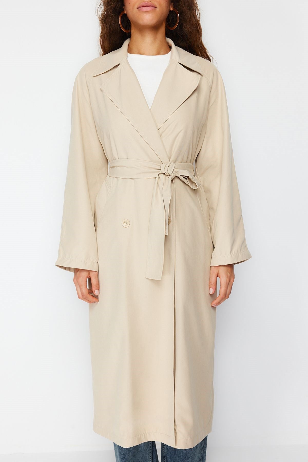 Beige Oversize Wide Cut Chiffon Detailed Pleated Trench Coat Twoss24tr00019