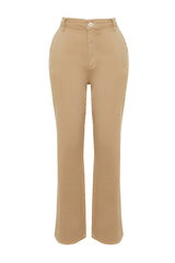 Beige Stitching Detailed Satin High Waist Wide Leg Jeans Twoaw24je00297