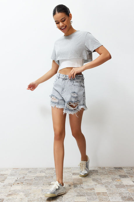 Black Ripped Detailed High Waist Denim Shorts Twoss22sr00152