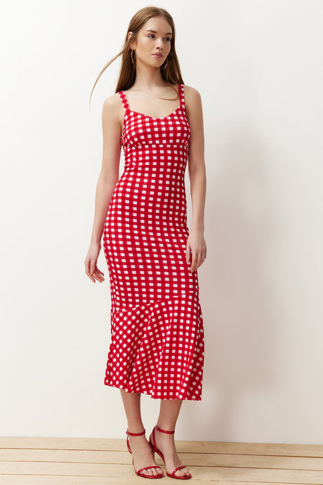 Red Plaid Strappy Body-fitting Ribbed Flexible Knitted Maxi Pencil Dress Twoss24el00682