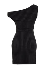 Black One Shoulder Mini Striped Flexible Mini Woven Dress Twoss24el00231