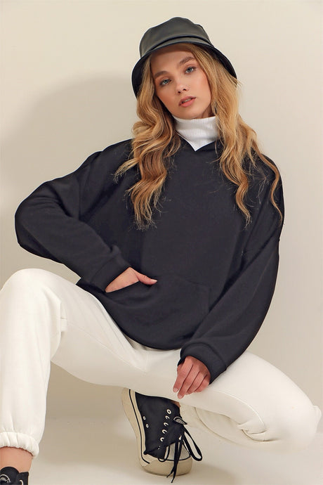 Women's Navy Blue Hooded Kangaroo Pocket 3-thread Thick Sweatshirt Alc-531-009