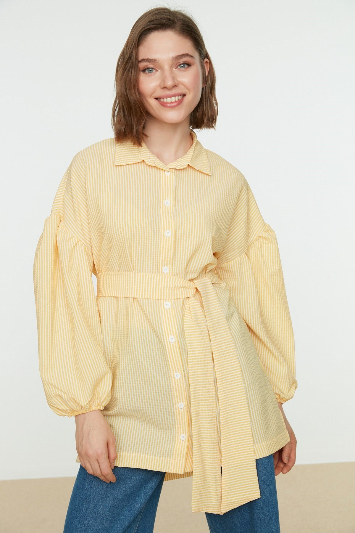 Blue Striped Belted Balloon Sleeve Back Long Woven Shirt Tctss22go0116