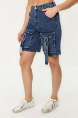 Blue Cargo Pocket Regular Waist Denim Shorts & Bermuda Twoss24sr00014