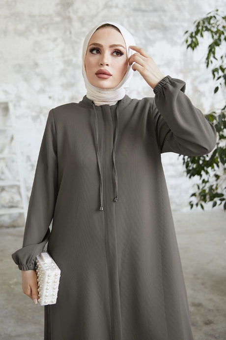 Hidden Patched Abaya With Lace-up Collar - Black Ms00tp00054