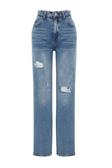 Blue Ripped High Waist Wide Leg Jeans Twoss24je00073