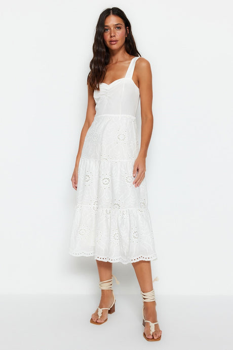 White Slit Midi Lined Embroidery Woven Dress Twoss23el00156