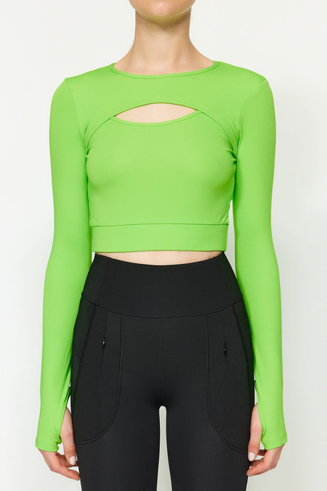 Black Crop Window/cut Out And Thumb Hole Detailed Crew Neck Sports Blouse Twoaw22bz0481