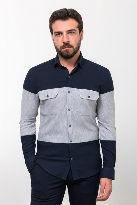 Sequined Navy Slim Fit Long Sleeve Cotton Men's Shirt 37810.23k