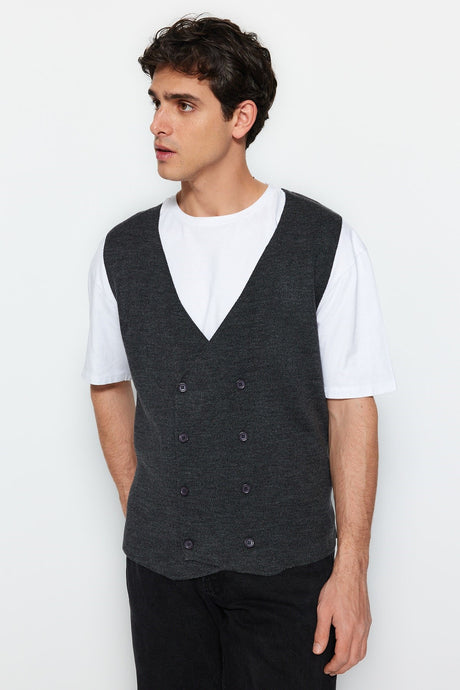 Navy Blue Men's Slim Fit Double-breasted Buttoned Vest Tmnaw21ye0014