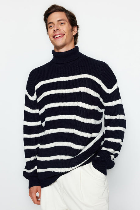 Navy Blue Unisex Oversize Fit Wide Pattern Striped Knitwear Sweater Tmnaw24kz00017