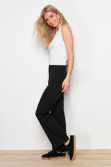 Black Straight/straight Cut High Waist Rib Stitched Woven Pants Twoss24pl00123