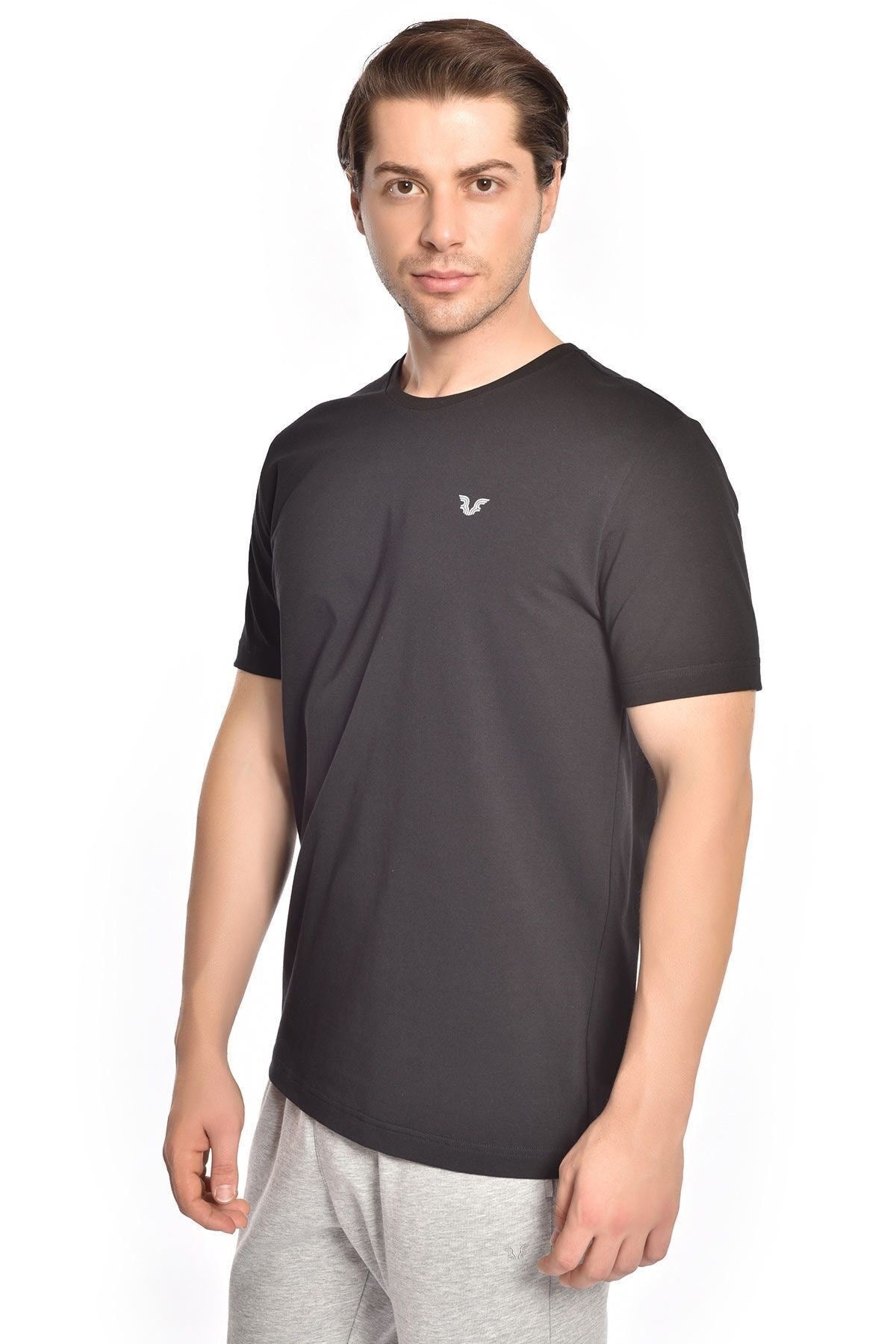 Black Men's Crew Neck 100% Cotton Solid Color Short Sleeve Basic Casual And Sports T-shirt 8766 Tb21