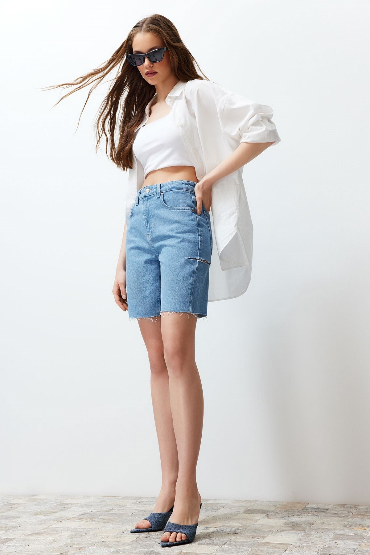 Light Blue Ripped High Waist Denim Shorts & Bermuda Twoss24sr00063