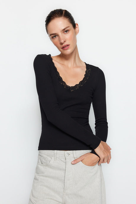 Black V Neck Lace Detailed Ribbed Fitted/body-fitting Cotton Stretch Knit Blouse Twoaw24bz00070