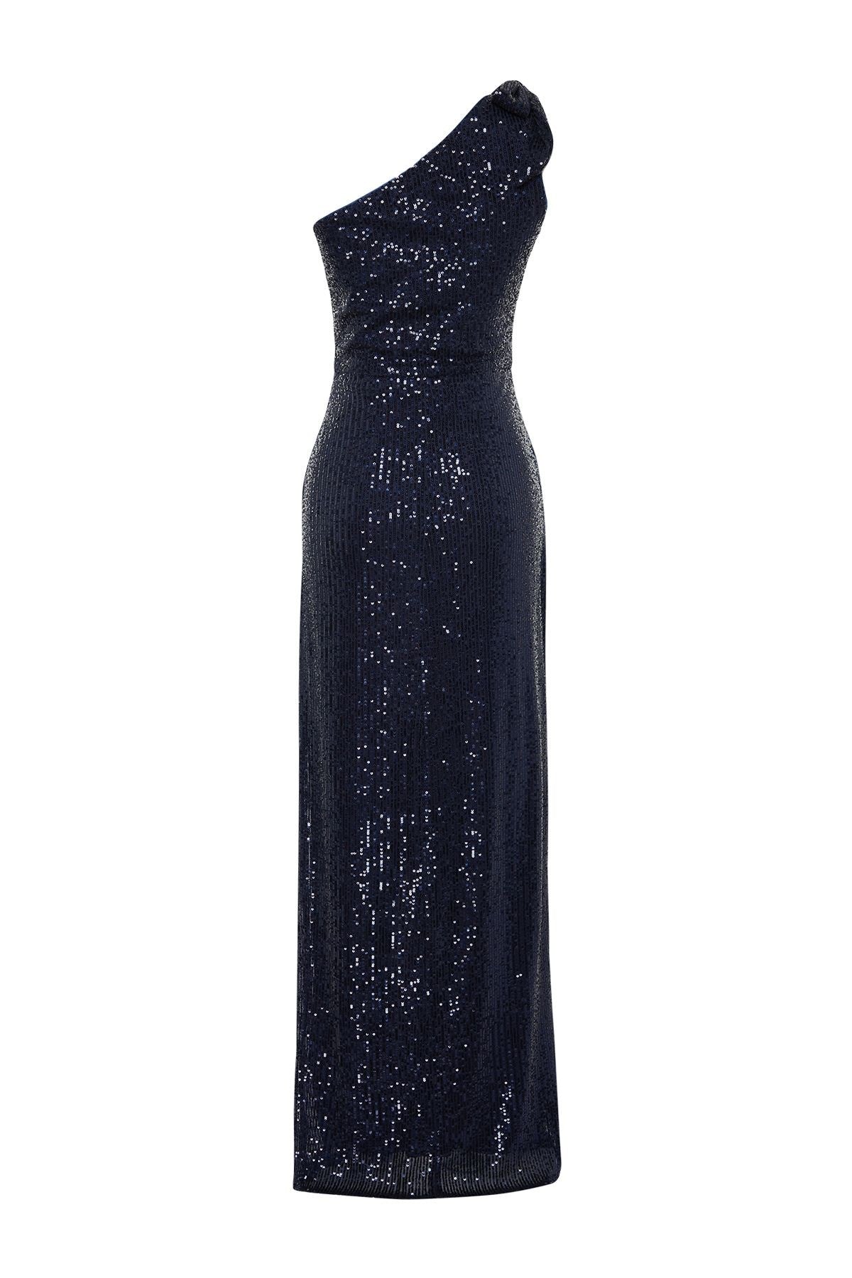 Navy Blue Single Sleeve Sequin Long Night Evening Dress Tprss24ae00028