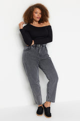 Black High Waist Elastic Waist Mom Jeans Tbbaw23je00002