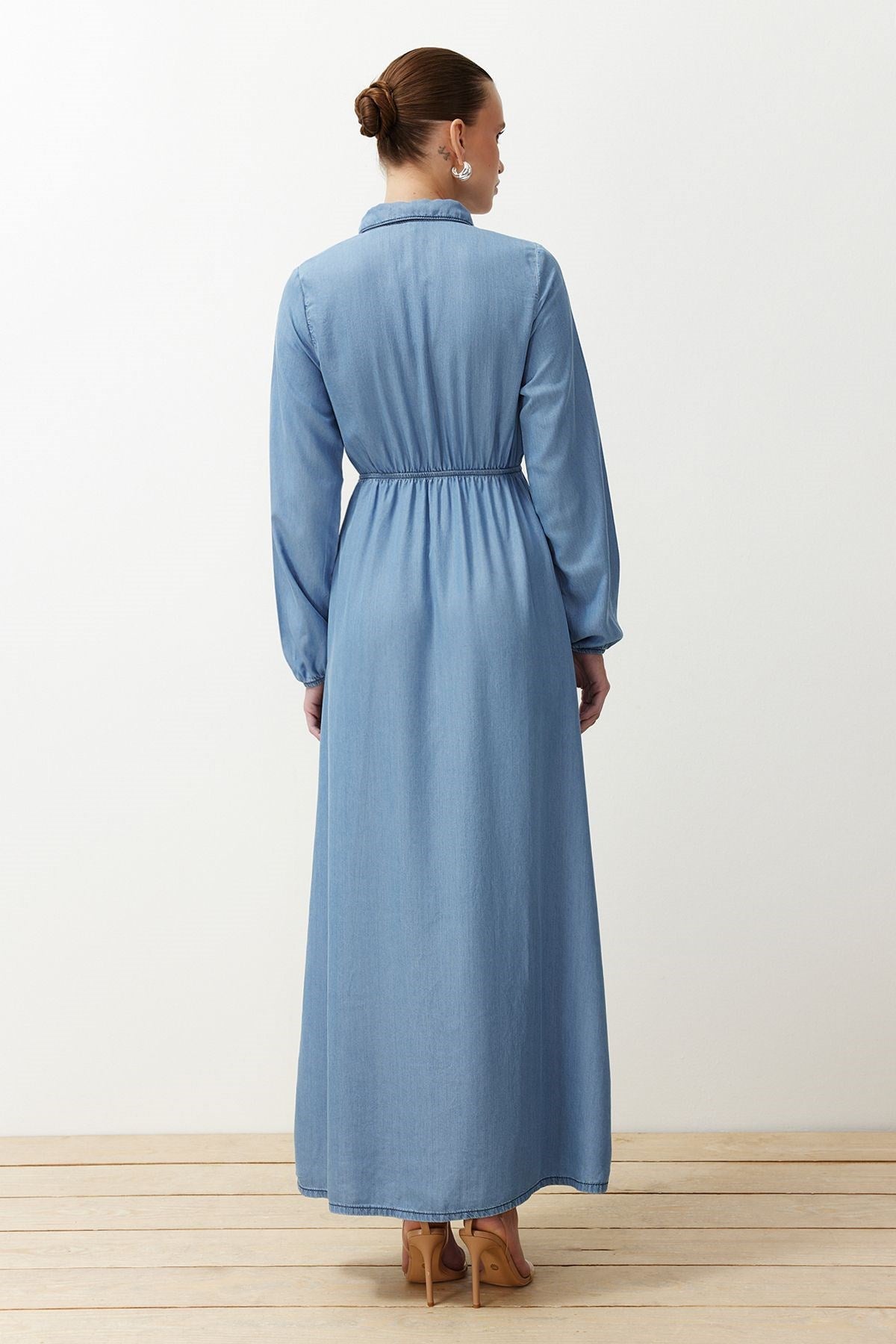 Dark Blue Midi Denim Modest Dress Twoss24el00834