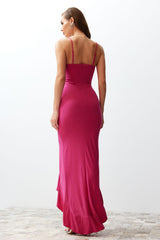 Fuchsia Body Fit Ruffle Long Night Evening Dress Tprss24ae00027