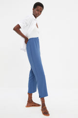 Navy Blue Straight/straight Cut Waist Elastic High Waist Woven Pants Twoss22pl00029