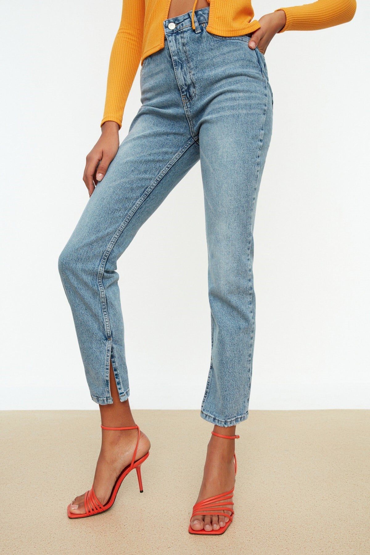 Blue Slit High Waist Straight Jeans Twoss22je0430