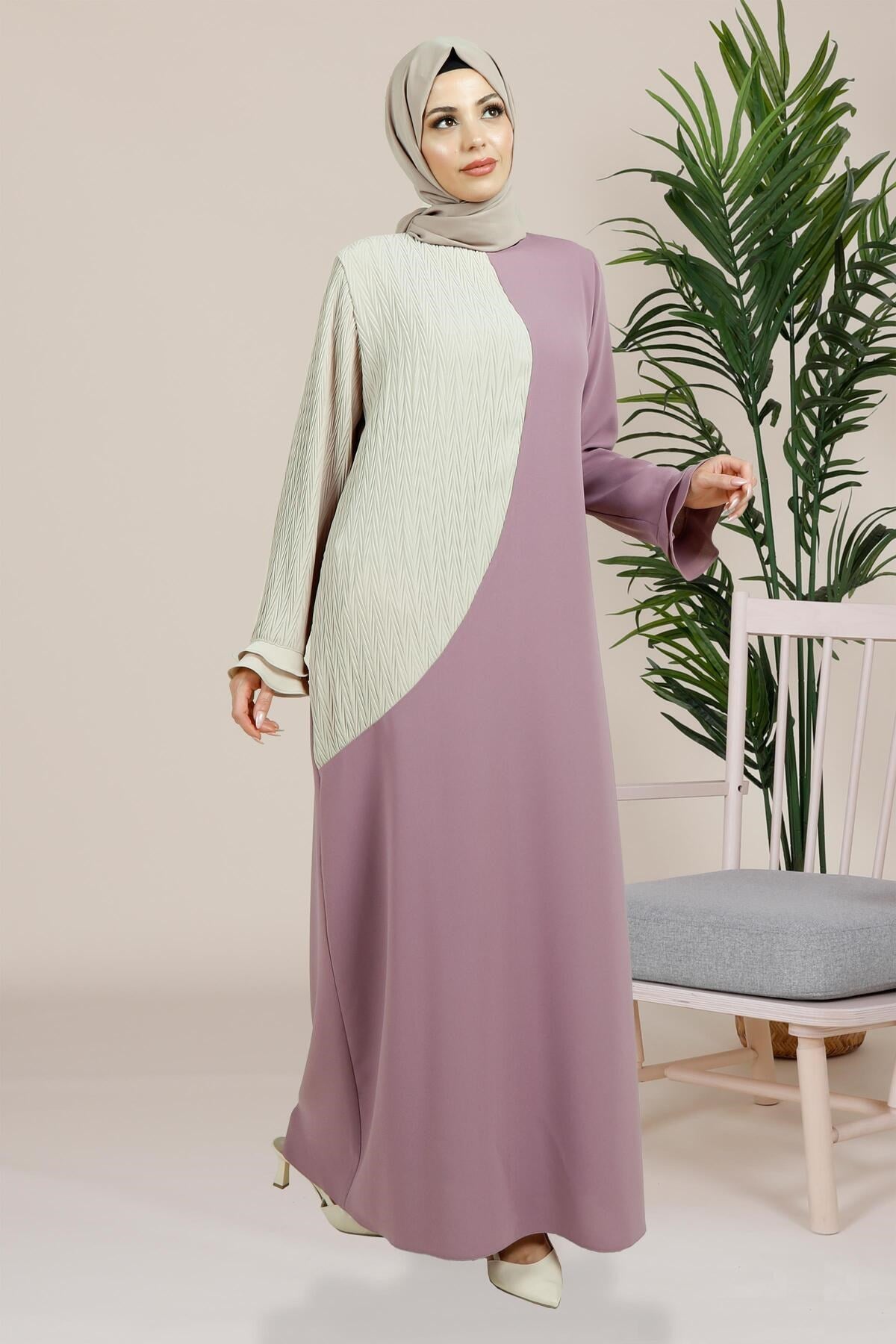 Cahide Color Block Lace Detailed Burkini Lilac Dress 5449 T23el3m5449