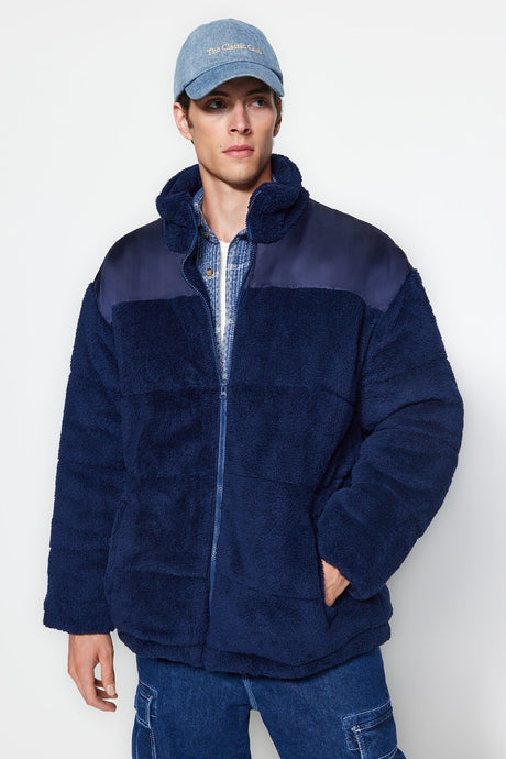 Navy Blue Men's Oversize Fit Plush Inner Liner/padded Thick Winter Coat Tmnaw24mo00015