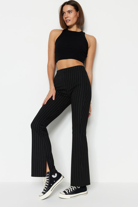 Navy Blue Smart Slit Flare/spanish Leg High Waist Striped Knitted Leggings Pants Twoss23pl00126