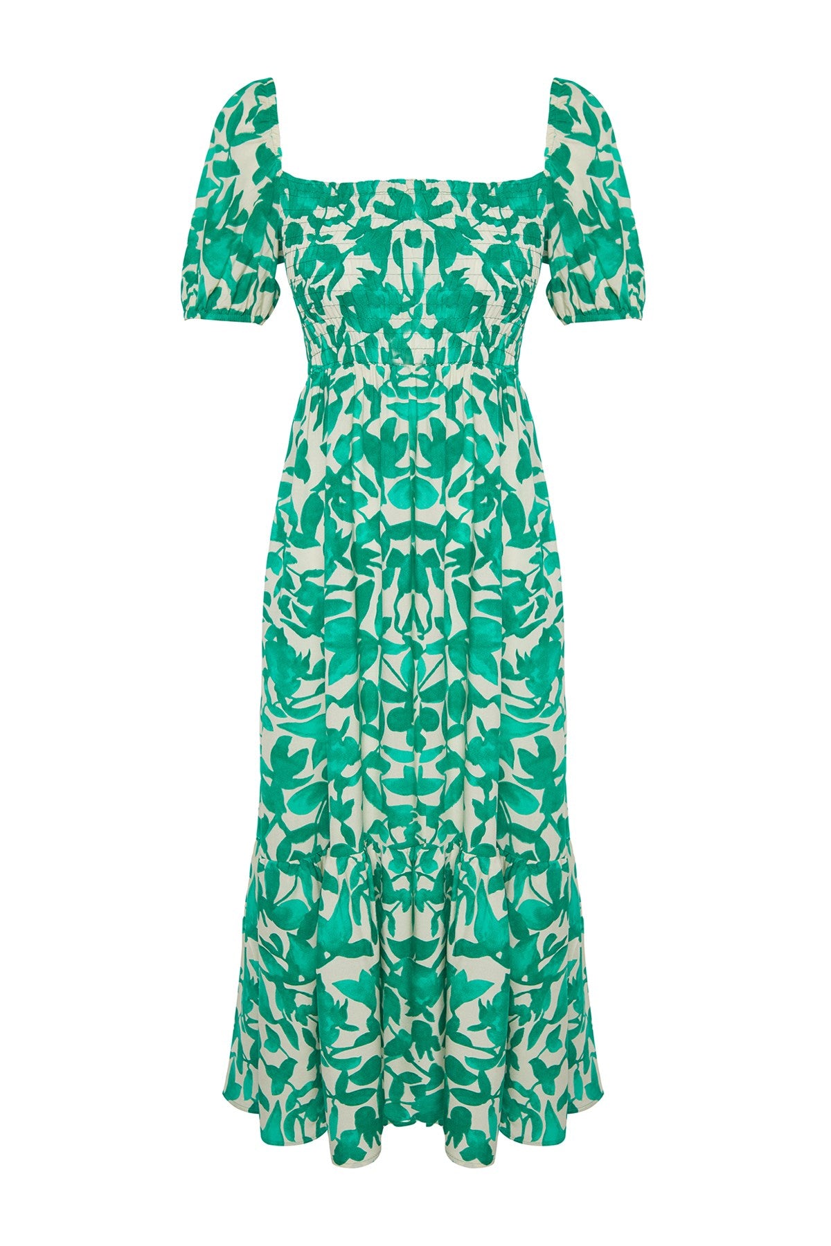 Green Floral Skater Gipe Neckline Detailed Shally Midi Woven Dress Twoss24el00952