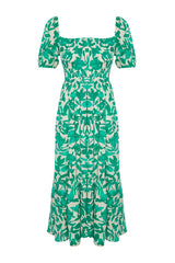 Green Floral Skater Gipe Neckline Detailed Shally Midi Woven Dress Twoss24el00952