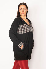 Women's Plus Size Black Plaid Pattern Detailed Hooded Coat 65n29568 65n29568