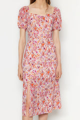 Pink Patterned A Cut Square Neckline Slit Midi Lined Chiffon Woven Dress Twoss23el01846