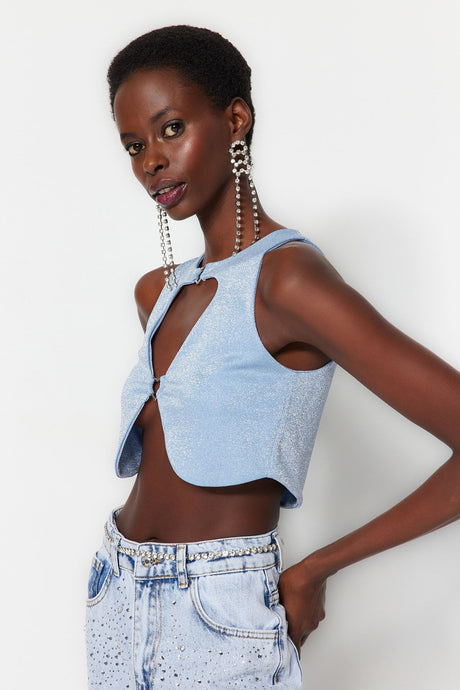 Blue Crop Knitted Window/cut Out Detailed Accessory Bustier Tprss23bs00044