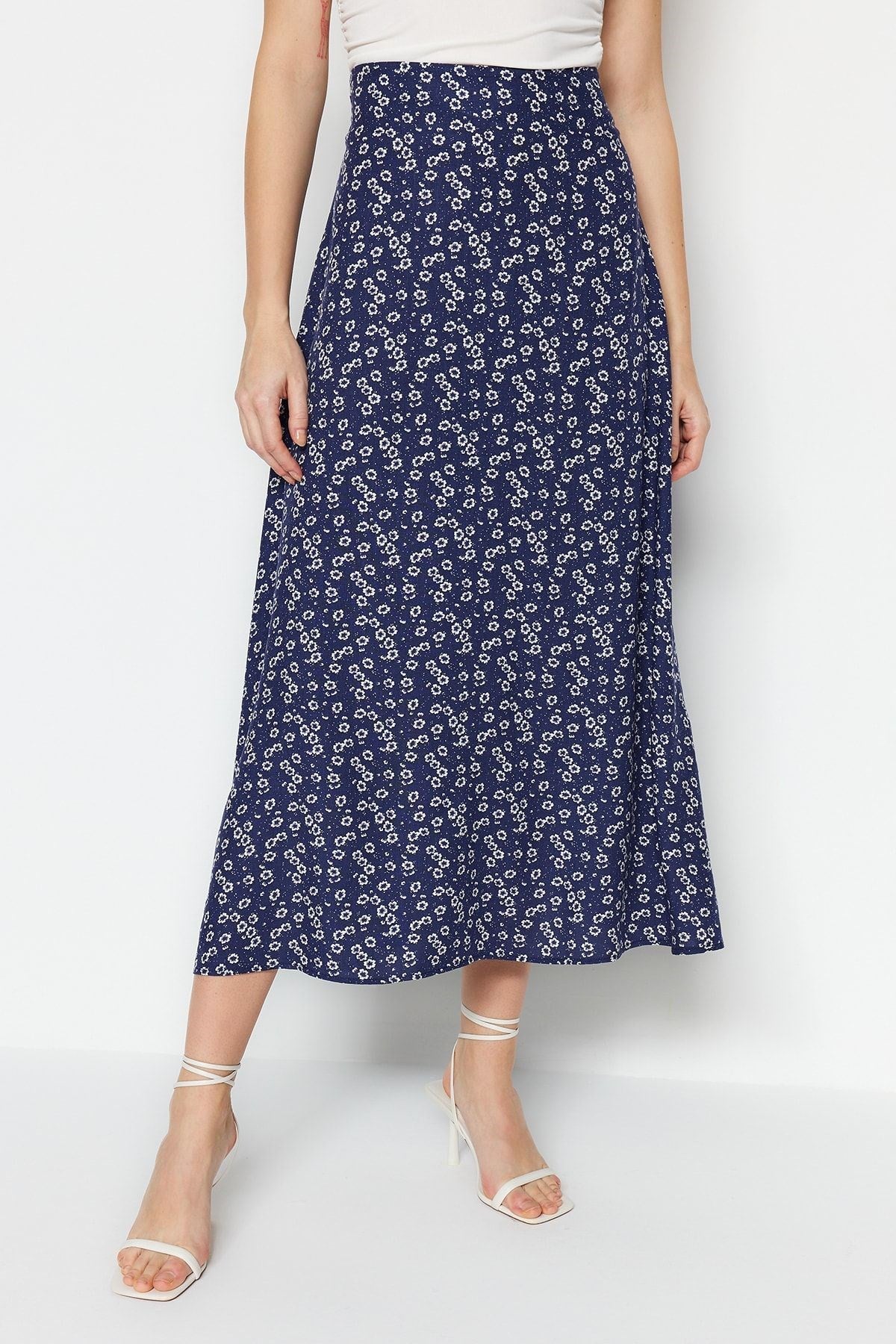 Blue Floral Print Viscose Fabric Midi Woven Skirt Twoss23et00295