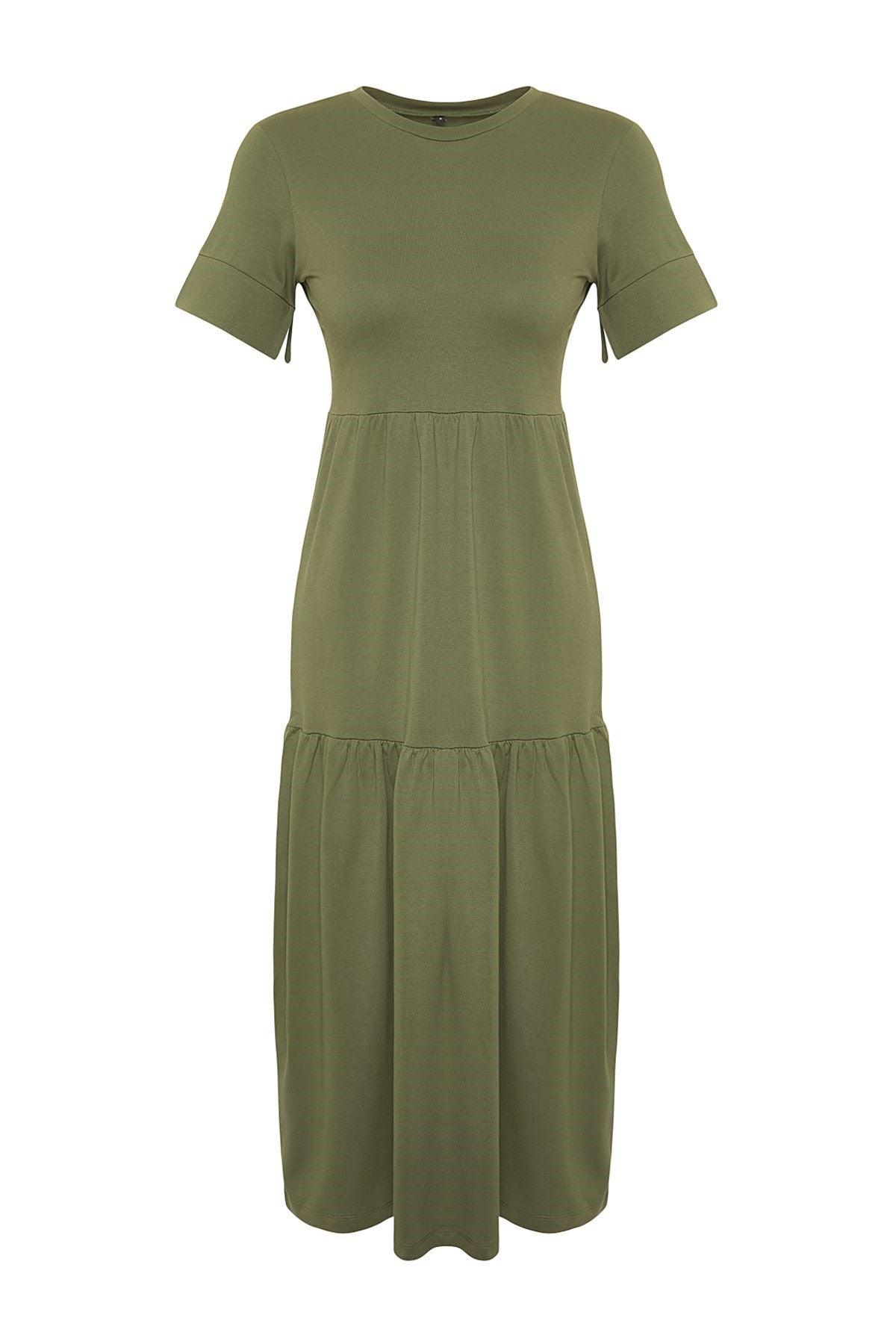 Khaki Ruffle Short Sleeve Knitted Maxi Dress Twoss24el00132