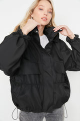 Black Oversize Hooded Waterproof Kangaroo Quilted Coat Twoaw23mo00111