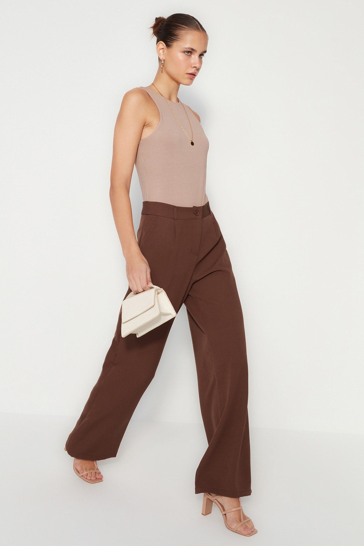 Brown High Waist Wide Leg/wide Leg Pleated Woven Pants Twoaw21pl0076